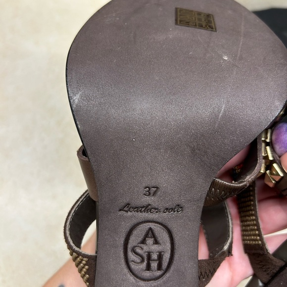 ASH Gold Studded/beaded Brown Leather Block Heels Strappy Sandals Sz 6.5 New - Picture 6 of 15